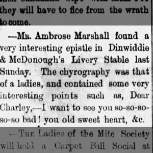 Mr Ambrose Marshall finds letter in Livery Stable - Glasco, KS 1880