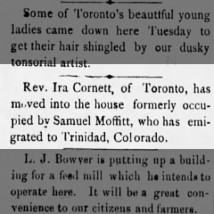 Ira Cornett moves into Samuel Moffitt's house Toronto, KS 2 Dec 1887