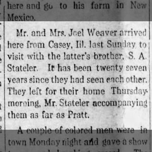Mrs Joel Weaver sister to S A Stateler