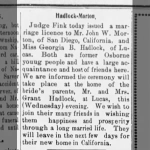 Hadlock--Morton marriage license issued