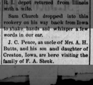Could this be John C Pence, find niece Mrs A H Butts… connected to William H Butts history BurrOak