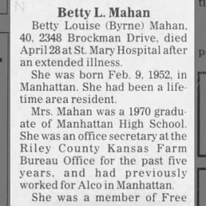 Betty Louise Byne Mahan - Obituary (pt 1)