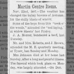 Catharine Johnson died at her home in Martin Twp