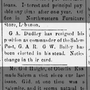 George Dudley - Resigns as G.A.R. commander, 1890