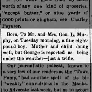 Mr and Mrs George L Murphy had Baby Boy The Webber Times KS 4 May 1894
