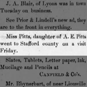 Abel Emery Pitts' daughter goes to Stafford County for a visit