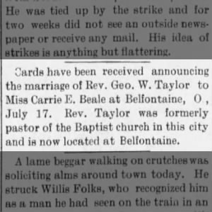 Carrie Elizabeth Beale and George Washington Taylor Marriage Announcement 1894