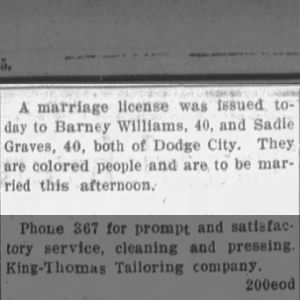 1915.08.30 Sadie Graves Marriage to Barney Williams, Dodge City Daily Globe