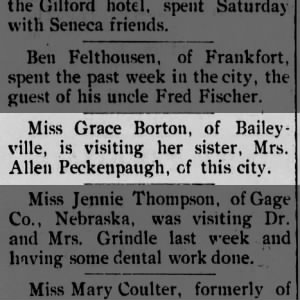 Miss Grace Borton visits sister, Mrs. Allen Peckenpaugh (Ida)