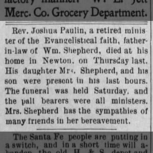 Rev Joshua Paulin dies Obit
The Kingman Journal  Fri Nov 17 1899
