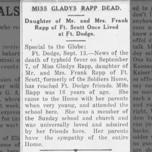 MISS GLADYS RAPP DEAD.