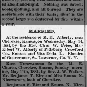 Della Blanden and Elbert W Alberty 14 May 1884