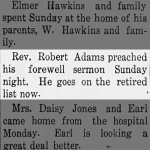 Rev. Robert Adams preached his farewell sermon - 1916