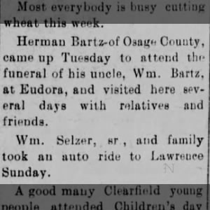 Herman Bartz Osage Cty attends Uncles funeral - Wm. Bartz Eudora