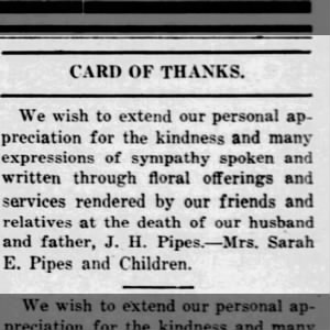 Card of Thanks from Mrs. Sarah Pipes,