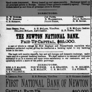 AH McLain 18850403 Newton National Bank VP Newton Democrat