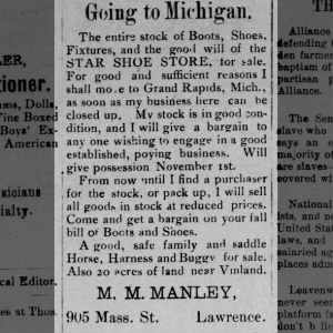 M.M. Manley selling entire stock of Star Shoe Store