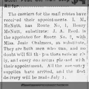 Isaac Marion McNutt - U S Mail Carrier appointment.