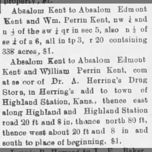 Absalom Kent transfers property to Abs Edmont Kent and Wm Perrin Kent