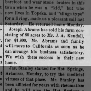 Joseph Abrams sold his Farm 80 acres