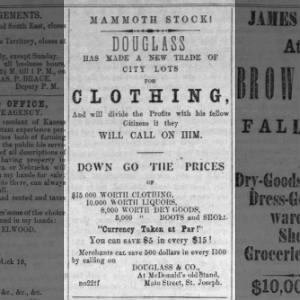 Douglass & Co. Advertisement trading City Lots for Clothing - Possibly related to Andrew McDonald