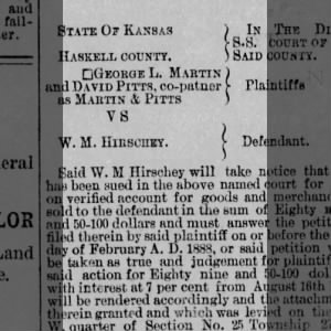 G L Martin  & David Pitts suing for unpaid bills - 1888