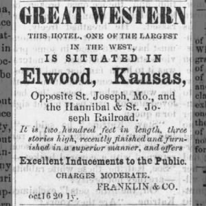 Ad for Great Western Hotel in Elwood, Kansas - Kansas Weekly Press 16 Oct 1858 pg. 2