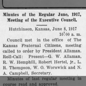 Waugh, Richard, member of Kansas Fraternal Citizens, June 1917, pt 1
