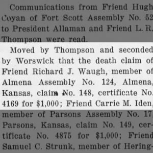 Waugh, Richard, Kansas Fraternal Citizens claim, June 1917, pt 2