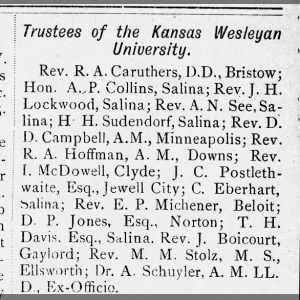 Rev. R A Caruthers on the Board of Trustees of Kansas Wesleyan University.