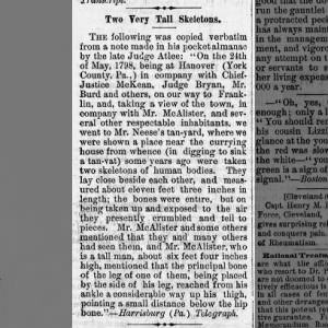 The Canton Monitor September 9 1889 
Two Very Tall Skeletons story