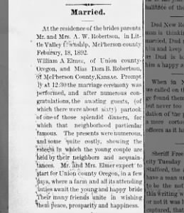 Elmer/Robertson Marriage Feb 18 1892 in Little Valley McPherson County, Kansas