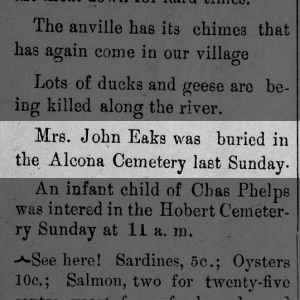 Mrs. John Eaks buried Sunday