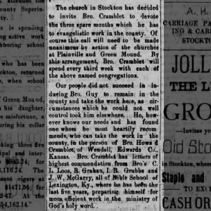 Howard Cramblet minister, June 1892.  Stockton, Kansas newspaper Christian Call