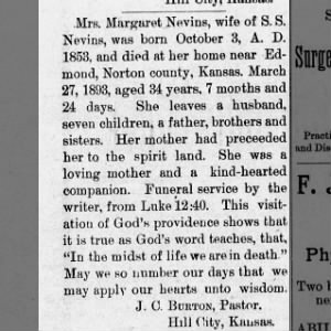 Obituary for Margaret Nevins (Aged 34)