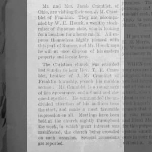 August 1886, Jacob Cramblet visits son J M Cramblet, Wendel, Kansas newspaper