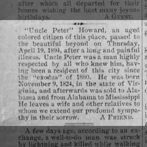 Notice of death of Peter Howard, early black settler of Dunlap