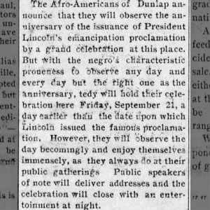 Editorial announcement of upcoming celebration 31 Aug 1894 D
unlap Weekly News
