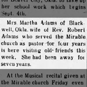 Mrs. Martha Adams, wife of Rev. Robert Adams - 1922