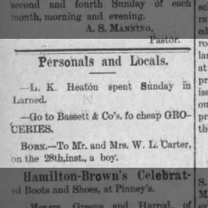 Birth announcement: Katherine H Carter (mistakenly identified as a boy)