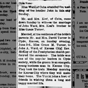 Marriage of Ward / Turner
The Cuba Advocate
Cuba, Kansas
15 Jun 1900, Fri · Page 1