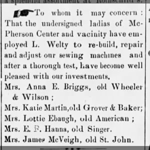 Mrs Anna E Briggs, McPherson Center, old sewing machine repaired