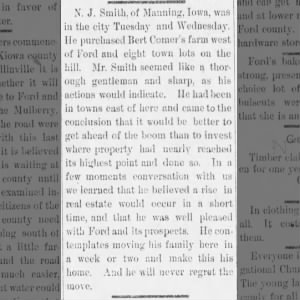 NJ Smith to Ford from Manning, Iowa. February 25, 1887