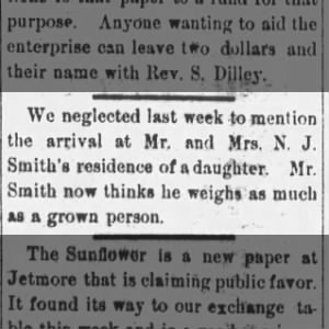 Daughter born to Mr. & Mrs. NJ Nelson, Newspaper January 3, 1890.