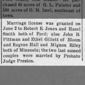 1909 Hazel Smith and Robert E Jones marriage license