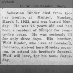Sebastian Binder Obituary Died March 5, 1922 at Munjor