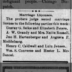 Marriage License - A W Grandy and Mrs Nellie Russell