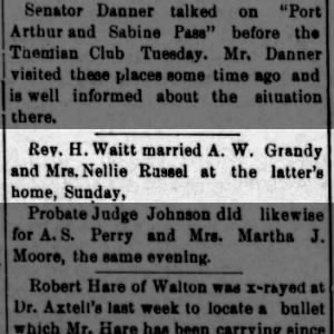 Marriage Announcement - A W Grandy to Mrs Nellie Dyer-Russell