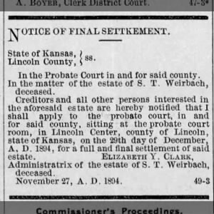 1894, Notice of Settlement, S. T. Weirbach