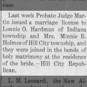 Lonnie O Hardman Minnie B Holmes marriage